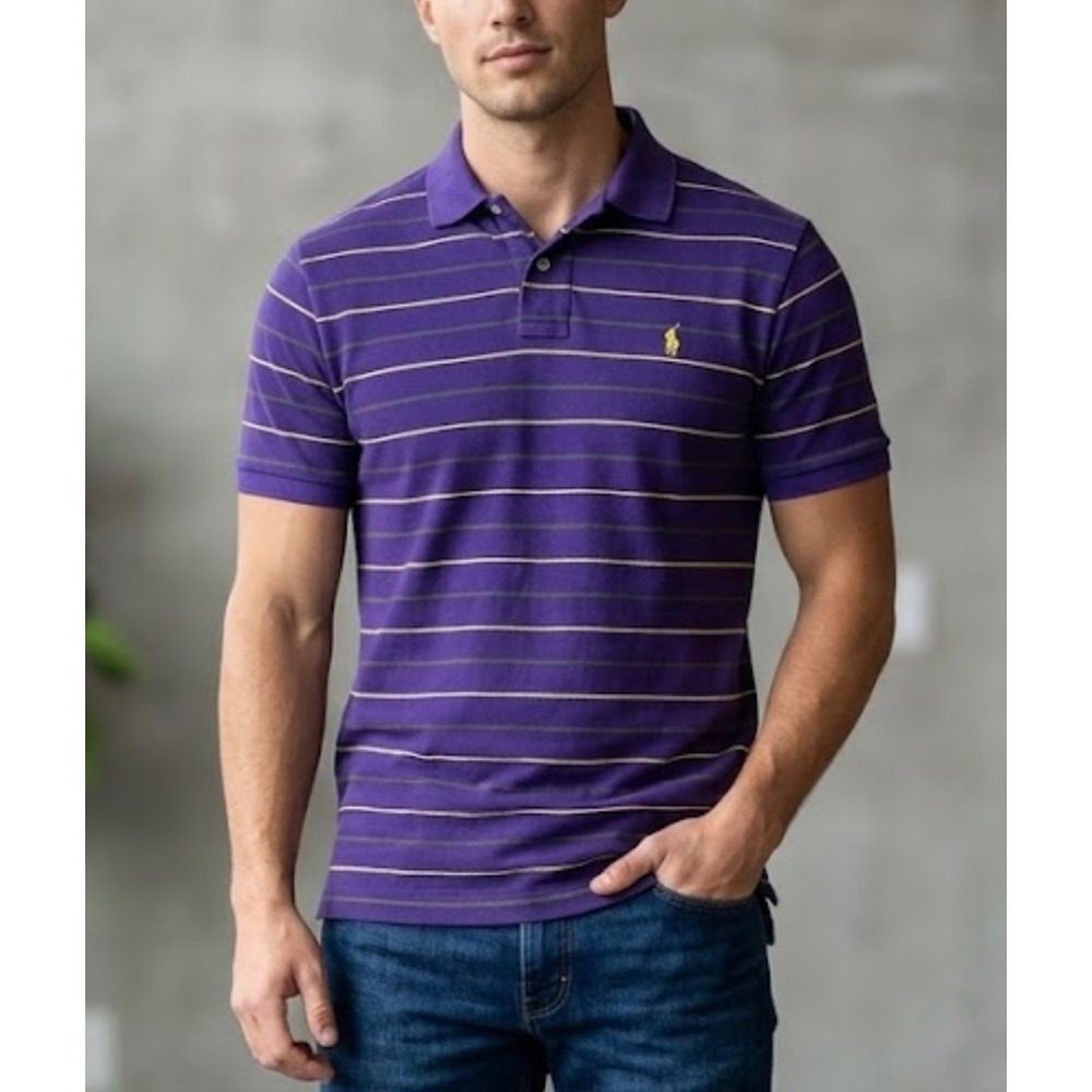 Polo Ralph Lauren Mens XL Purple Striped Short Sleeve Cotton Shirt Yellow Pony